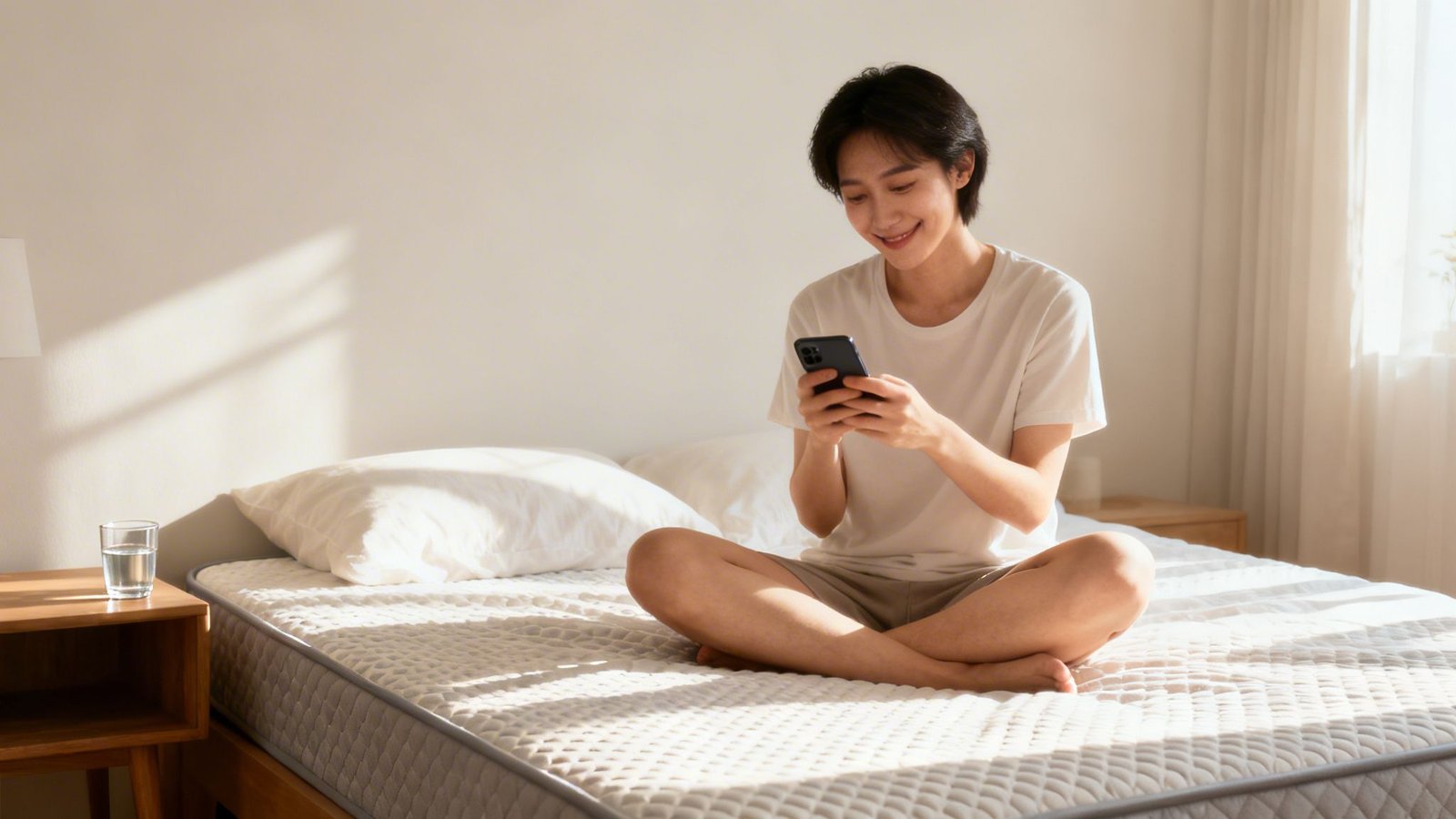 A happy young person sitting on a cooling mattress, using a smartphone in a bright bedroom.