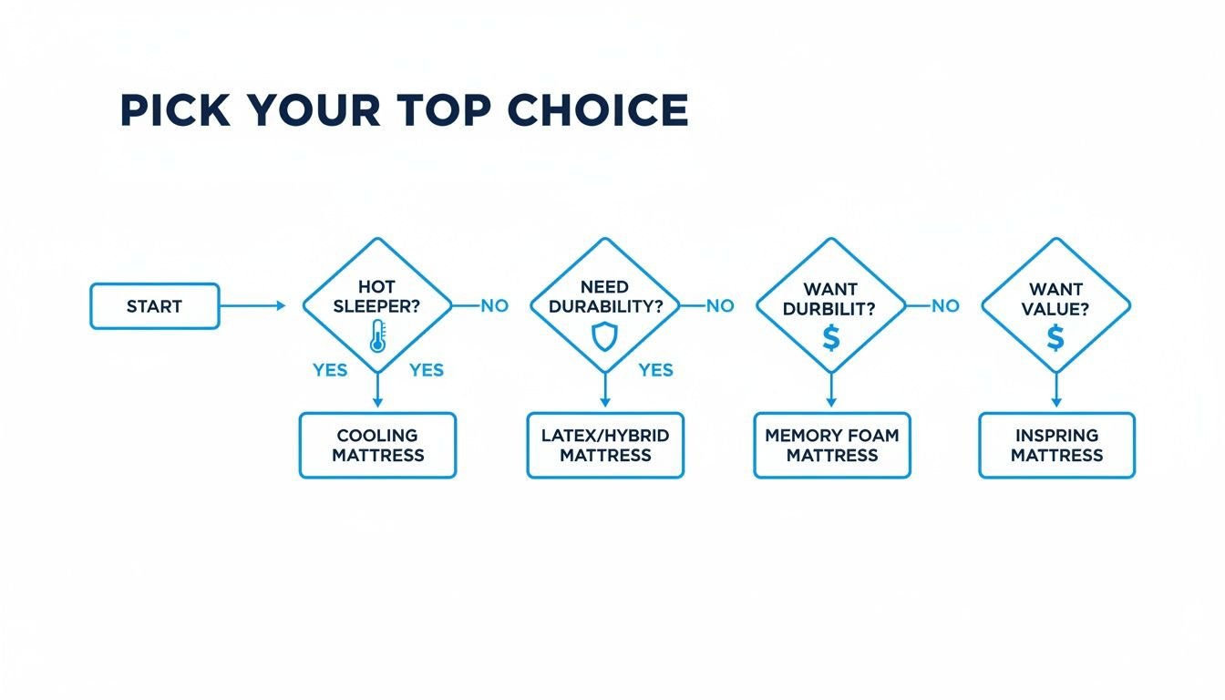 Flowchart guiding mattress selection based on factors like hot sleeping, durability, and value for money.