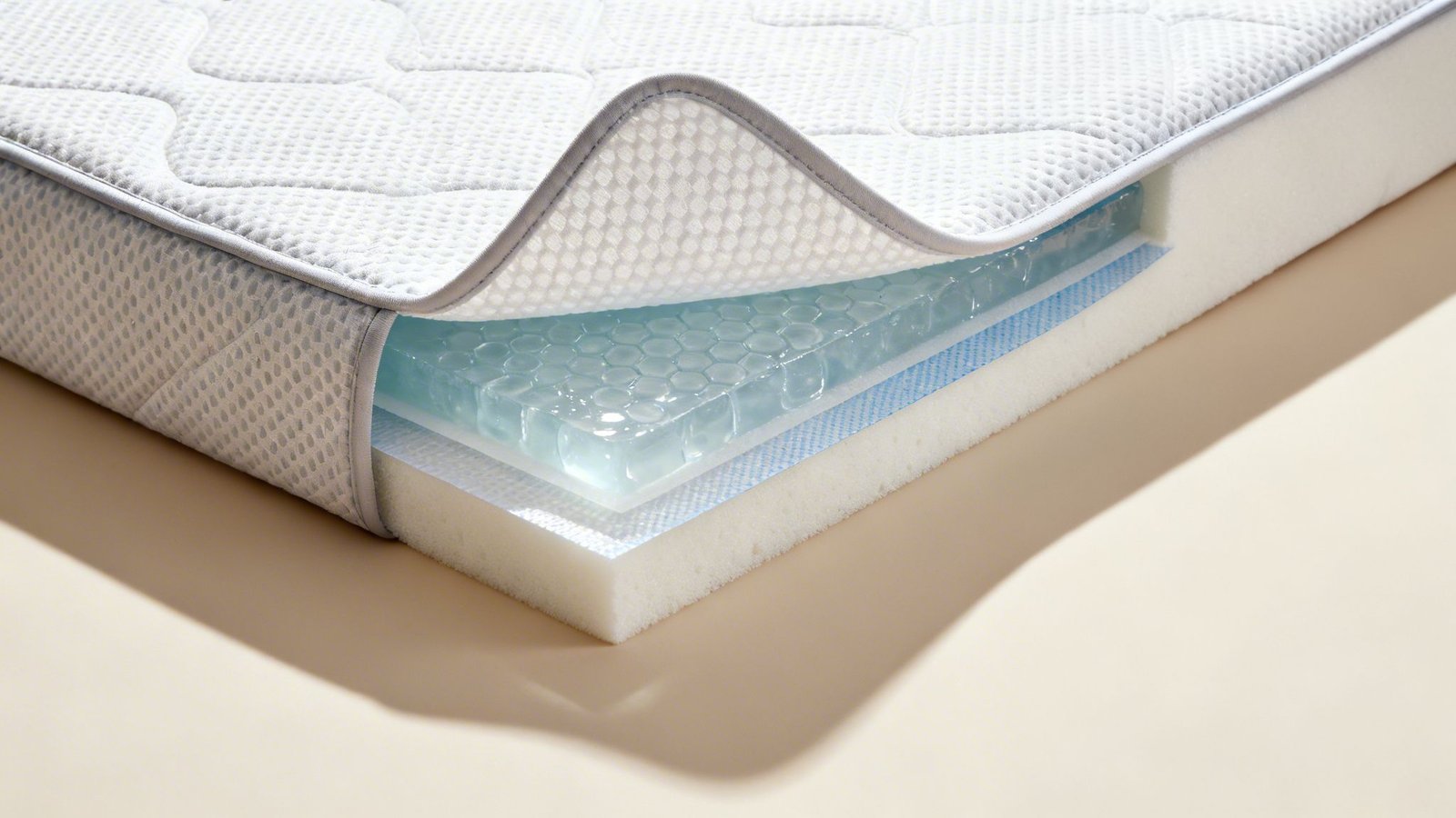 Detailed cross-section of a cooling mattress pad revealing gel, foam, and fabric layers.