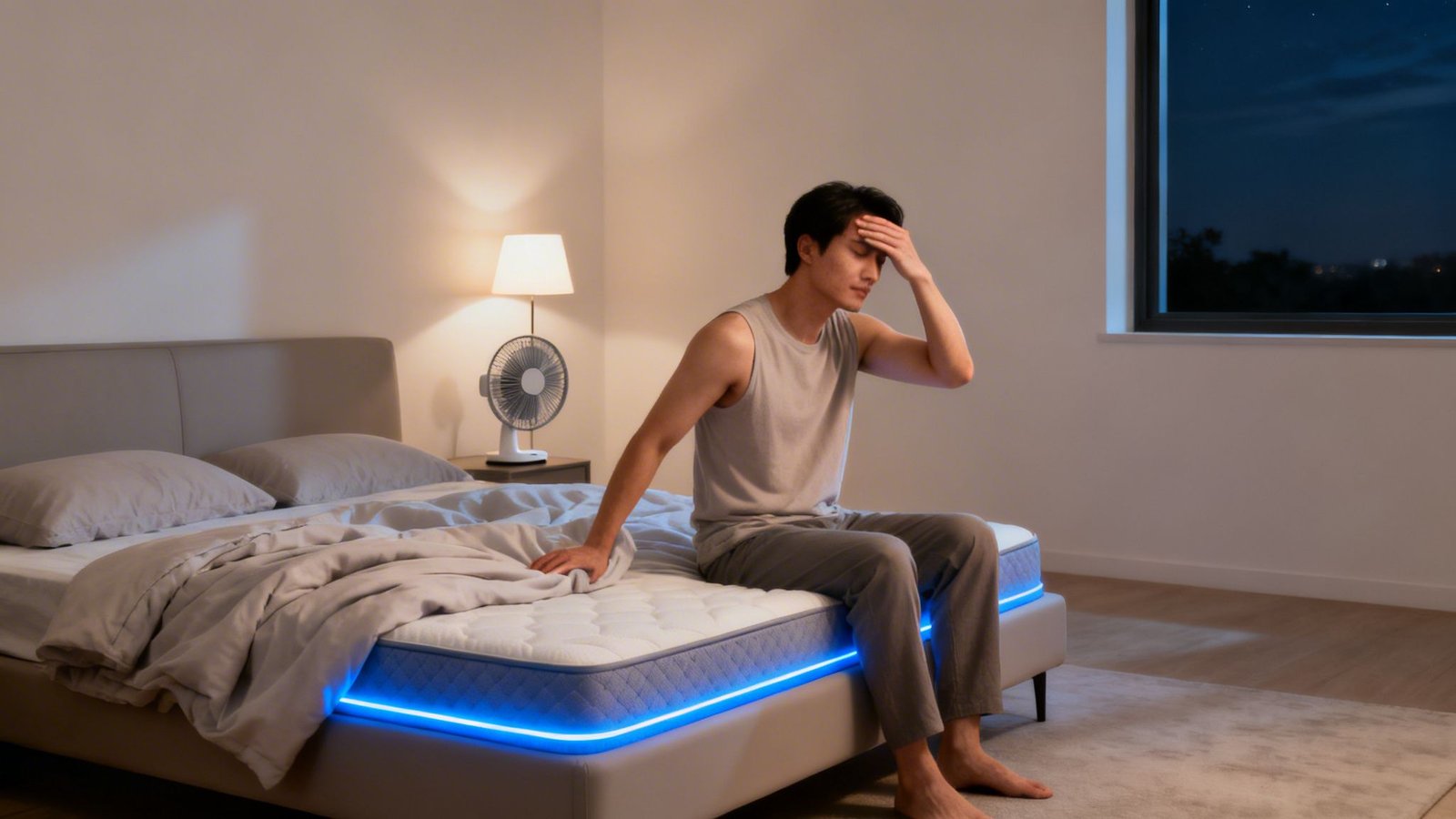 A man sits on a smart bed with blue underlighting, looking distressed with a headache at night.