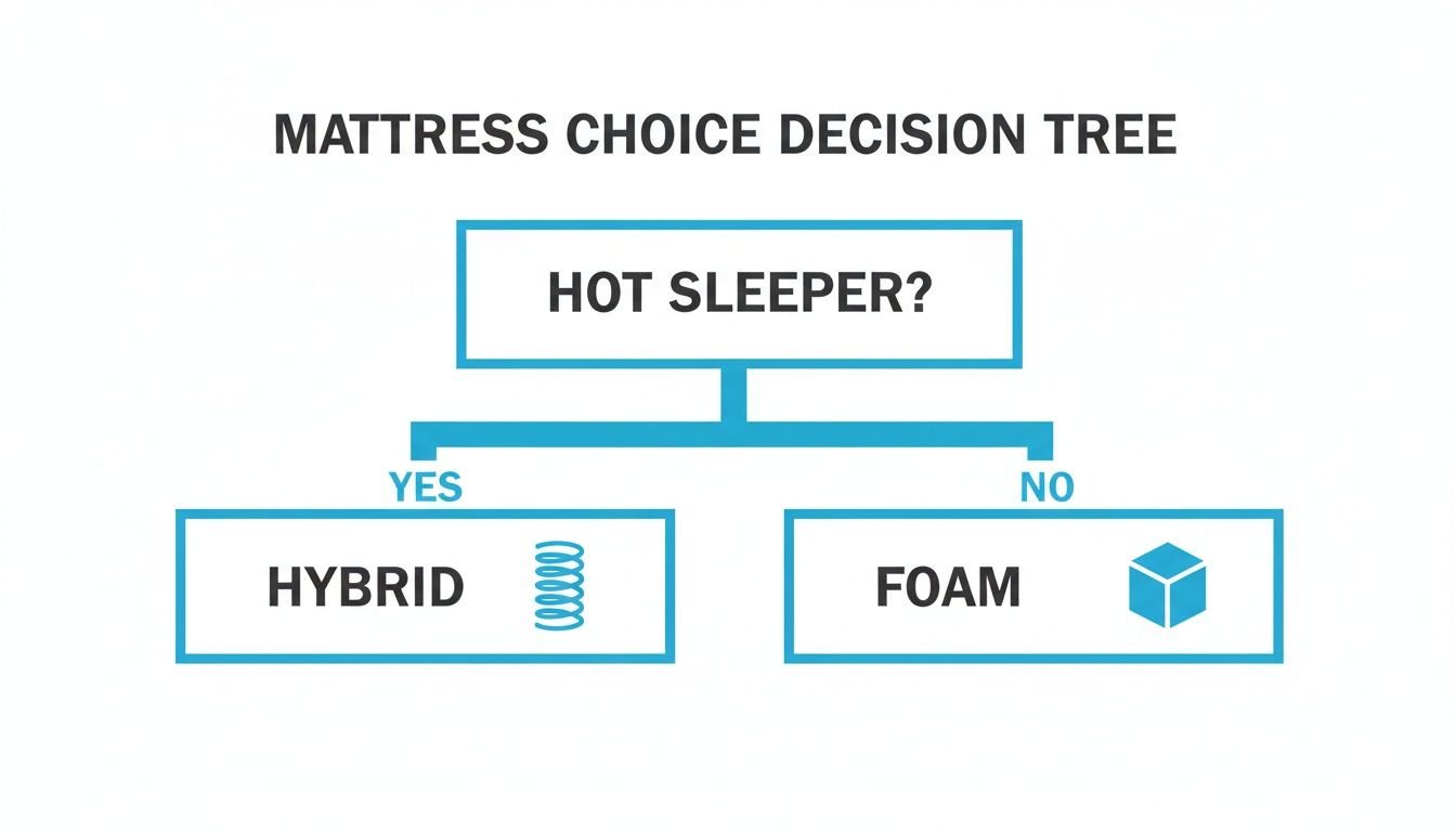 A mattress choice decision tree. If 'Hot Sleeper?' is 'Yes', choose 'Hybrid'. If 'No', choose 'Foam'.