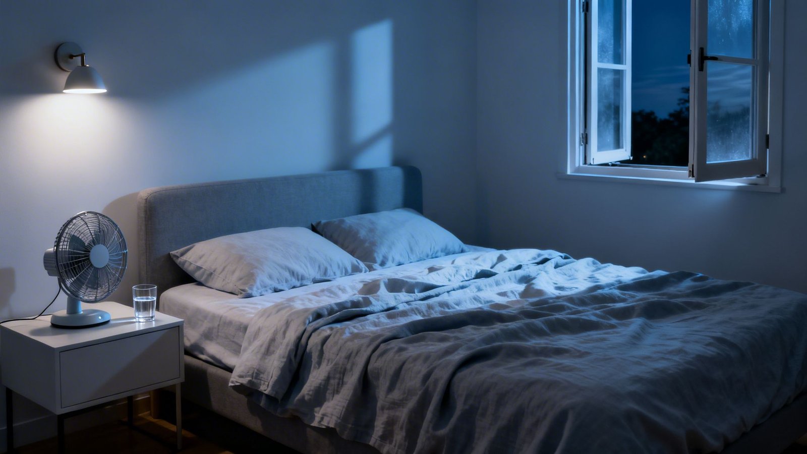 A cool blue-toned bedroom at night with a bed, fan, and open window for a comfortable sleep.