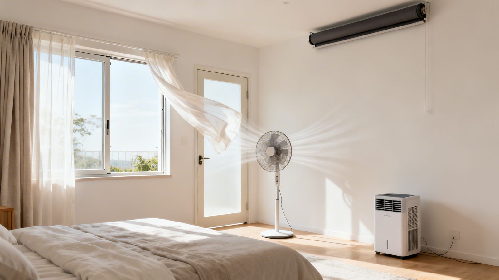 A bright modern bedroom with a standing fan, portable AC unit, and open window with curtains catching a breeze.