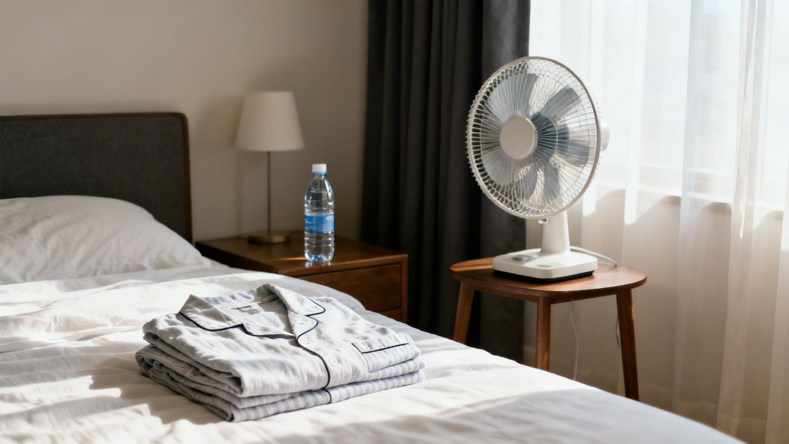 Folded pajamas on a white bed in a sunny bedroom with a fan and water bottle.