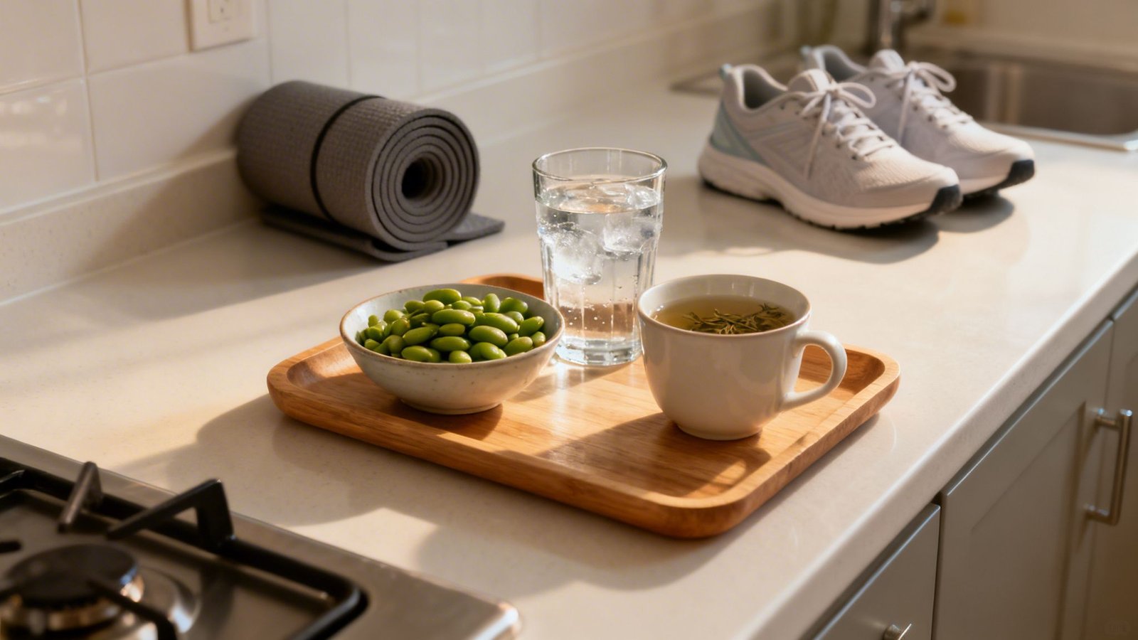 A healthy pre or post-workout snack and drink laid out on a kitchen counter next to a yoga mat and running shoes.