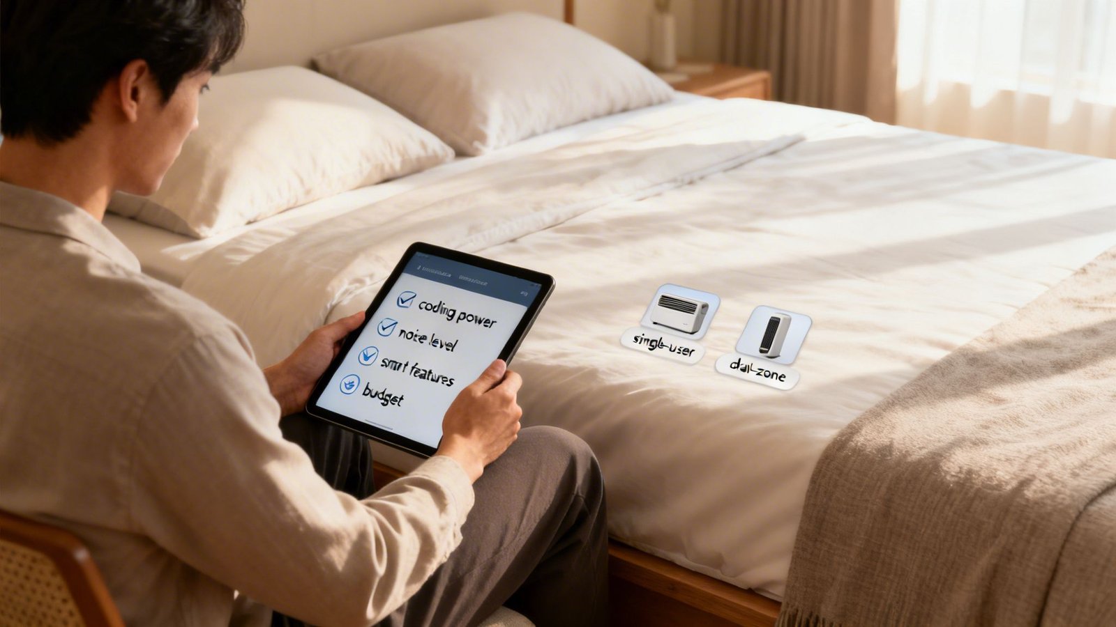 A person in a bedroom uses a tablet to select cooling/heating system features, considering single-user or dual-zone options.