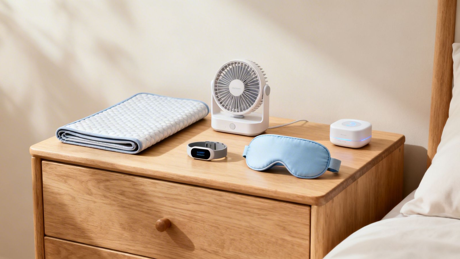 Sleep accessories on a wooden bedside table, including a fan, sleep mask, tracker, and cooling pad.