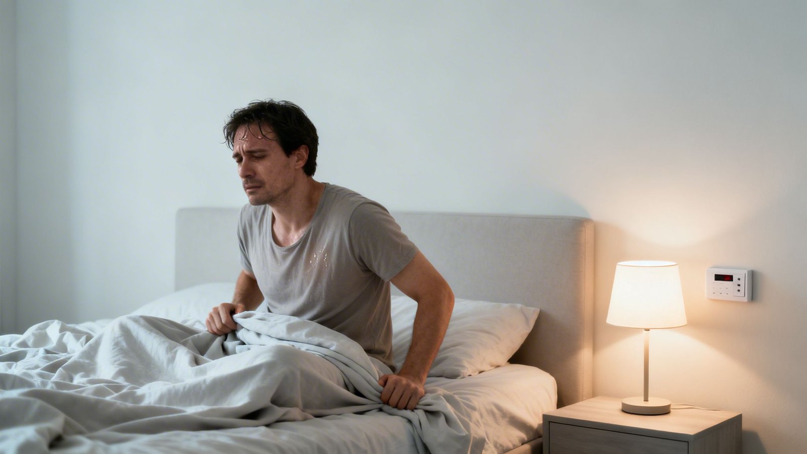 A man sits up in bed, sweating profusely and looking distressed, possibly from night sweats.