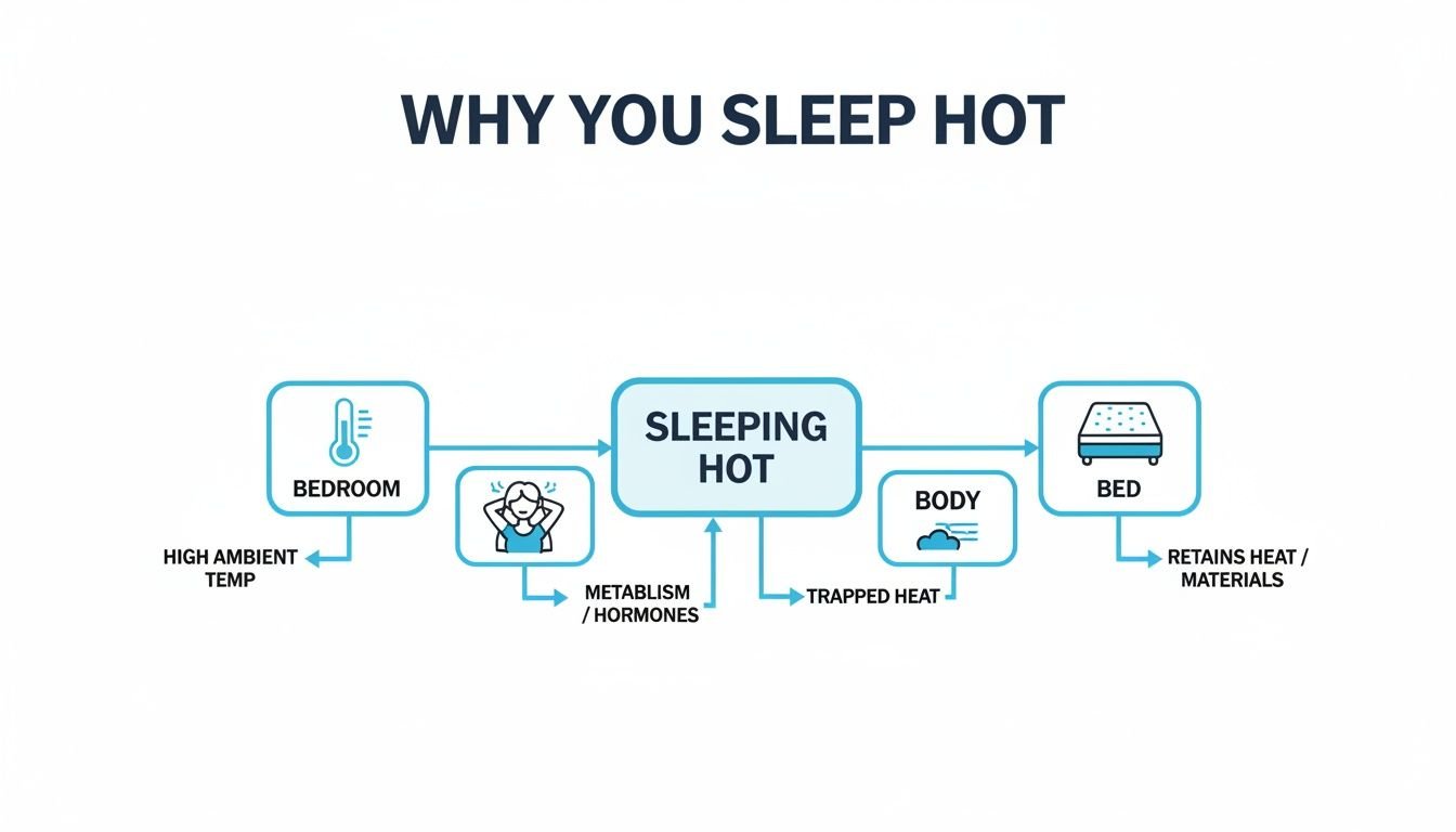 A flowchart detailing why people sleep hot, identifying bedroom temperature, metabolism, body heat, and bed materials as causes.