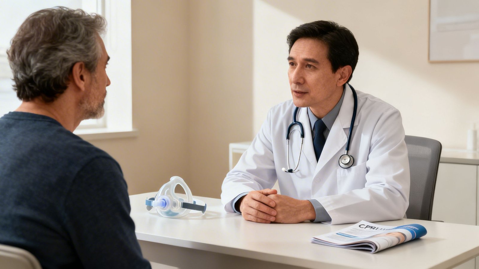 A doctor discusses sleep apnea treatment with a male patient, with a CPAP mask on the table.