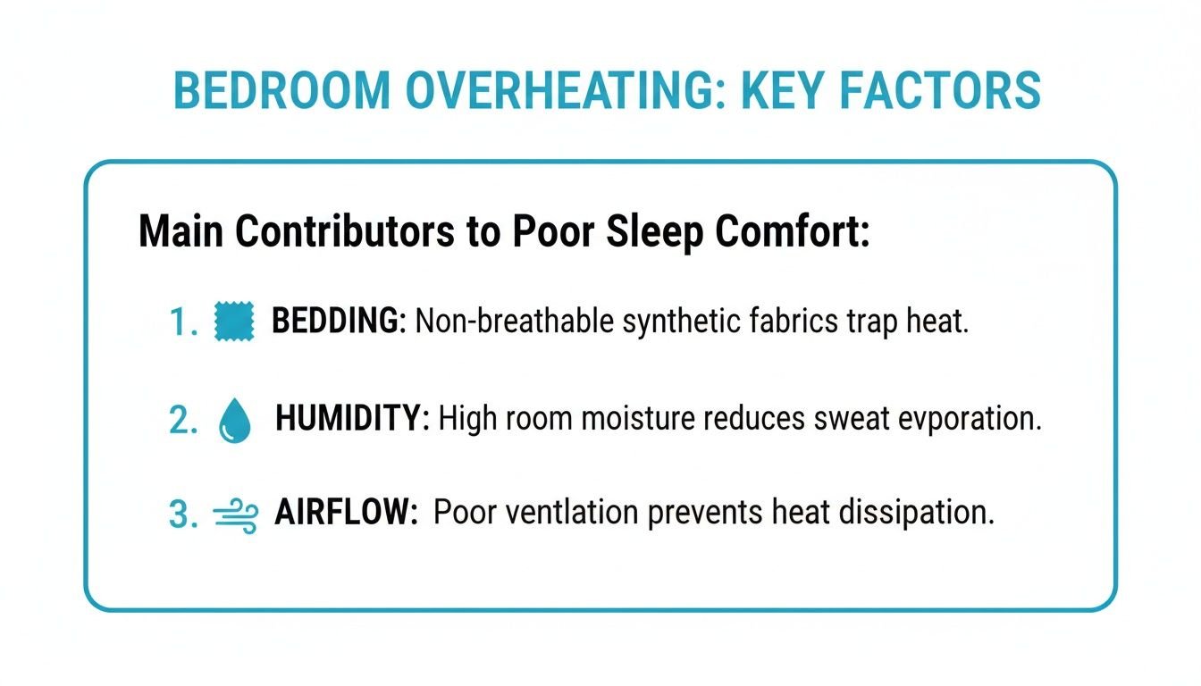 Infographic showing key factors for bedroom overheating and poor sleep comfort: bedding, humidity, and airflow.