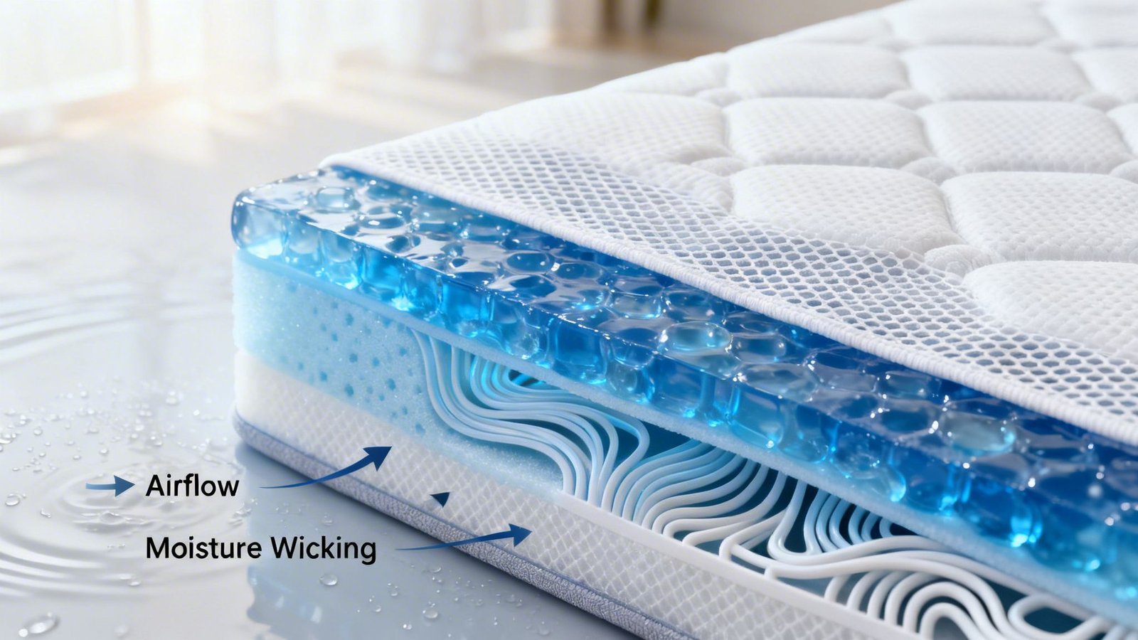 A cross-section view of a high-tech cooling mattress topper featuring gel layers and advanced airflow technology.