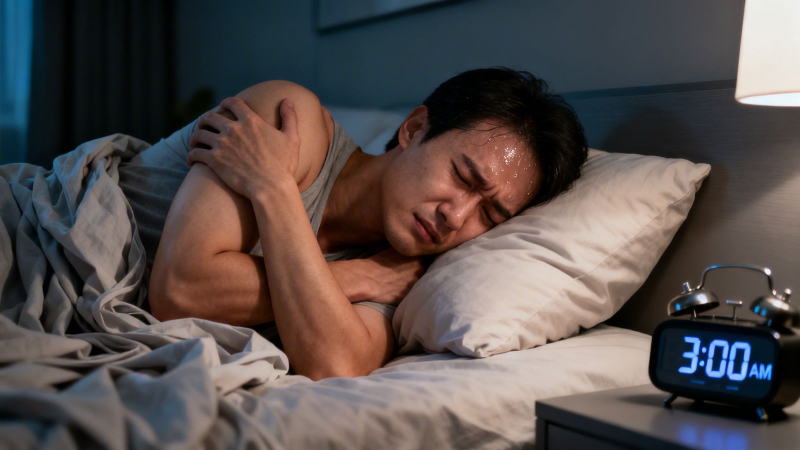 A sweaty man lying in bed in pain or discomfort at 3 AM due to overheating.