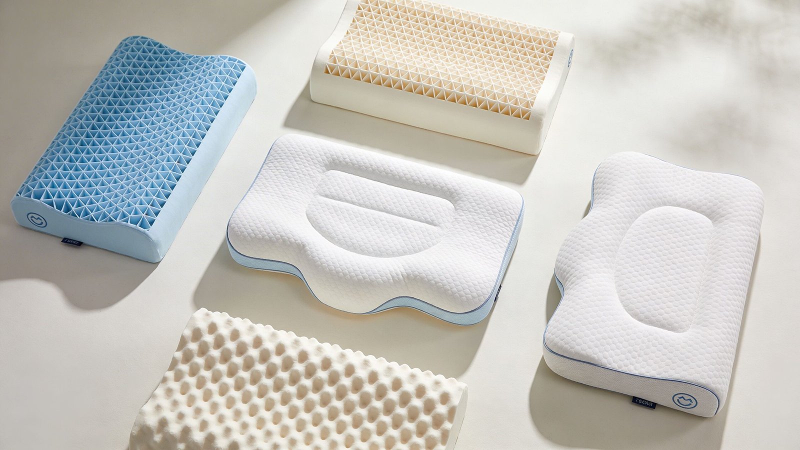 A collection of various ergonomic pillows featuring different designs and materials for optimal sleeping comfort.