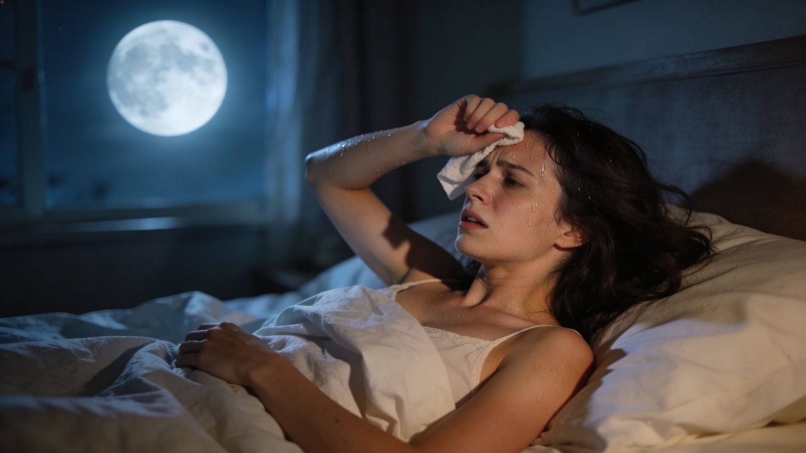 A woman sweating in bed at night feeling overheated while trying to sleep under the full moon.
