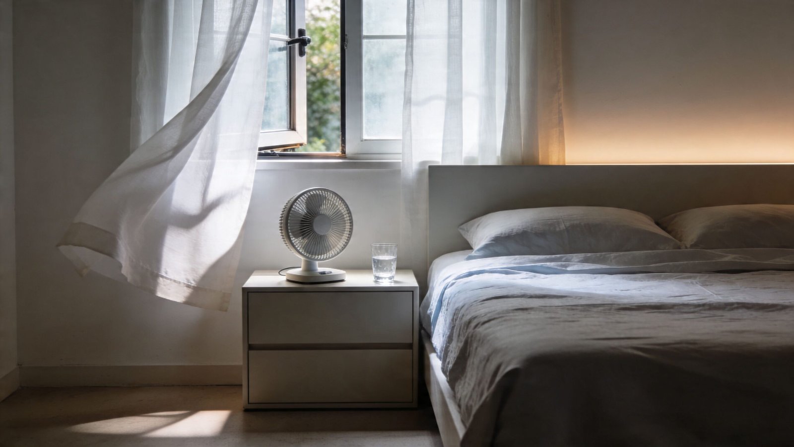 A serene bedroom scene featuring a cooling fan and glass of water on a bedside table.