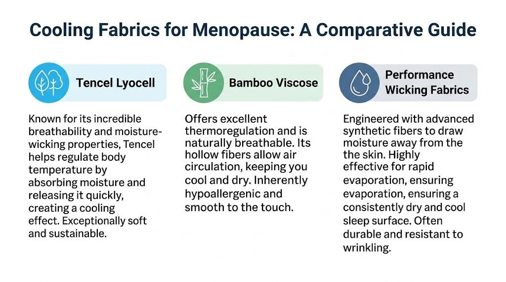 A comparison guide for cooling fabrics suitable for menopause, highlighting Tencel Lyocell, Bamboo Viscose, and Performance Wicking Fabrics.