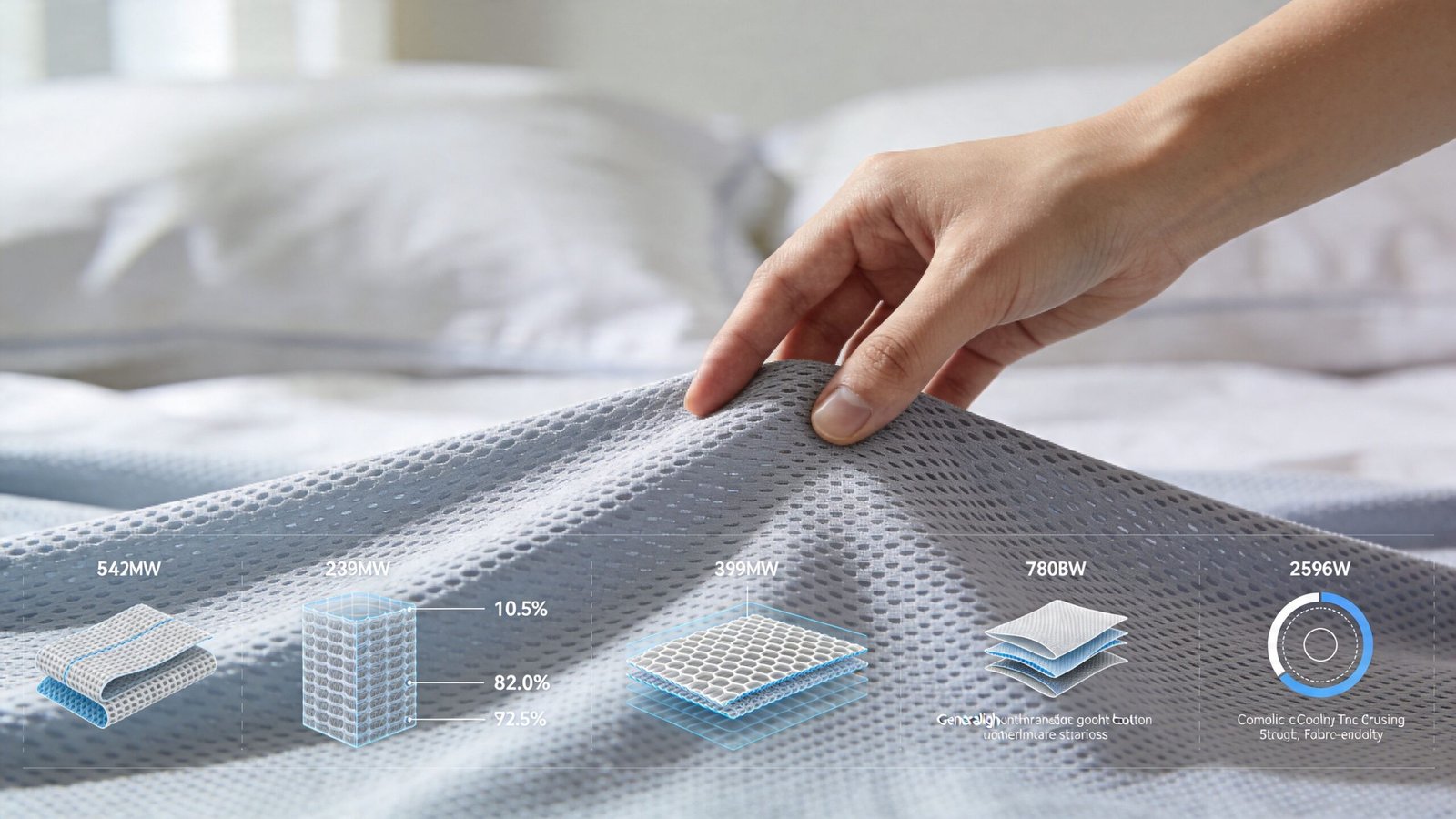 A hand touches a layered cooling fabric showing technical breakdown of mattress material components and structure.