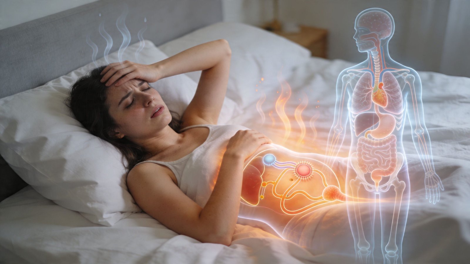 A woman lying in bed feeling hot and suffering from menopause symptoms with an anatomical illustration.