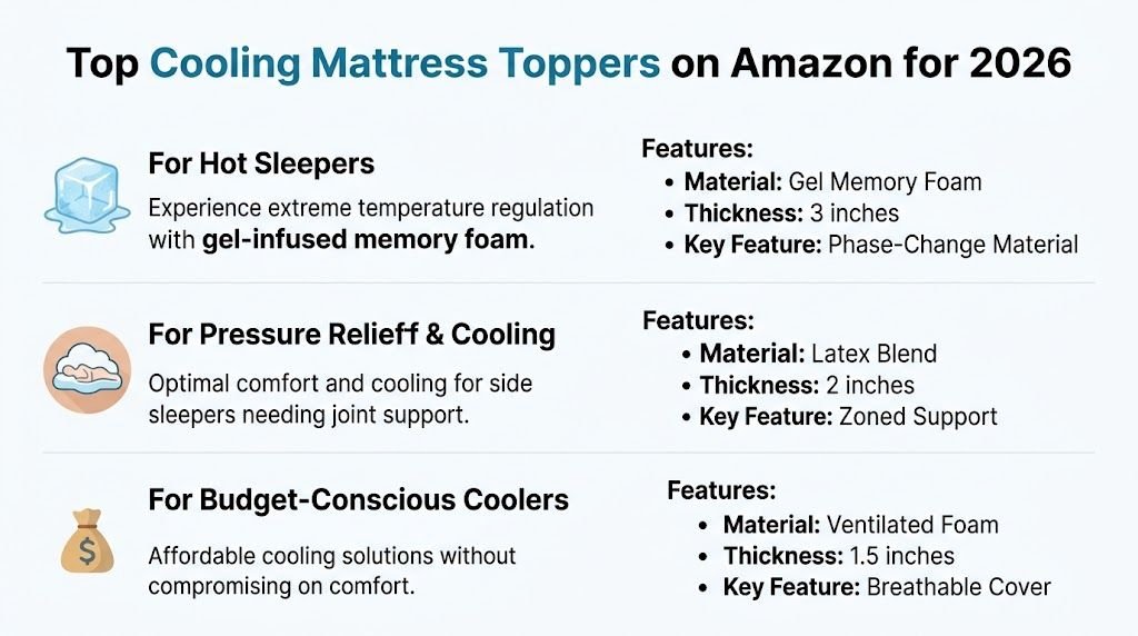 A comparison chart of the top cooling mattress toppers on Amazon for the year 2026.