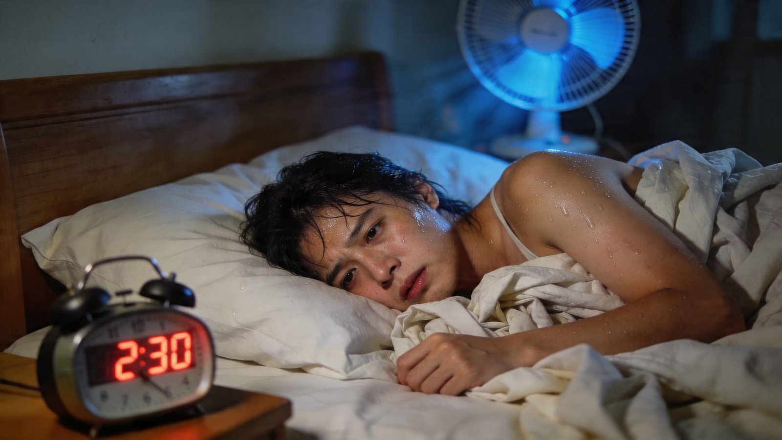 A man sweating and struggling to sleep in bed at night while looking at a clock