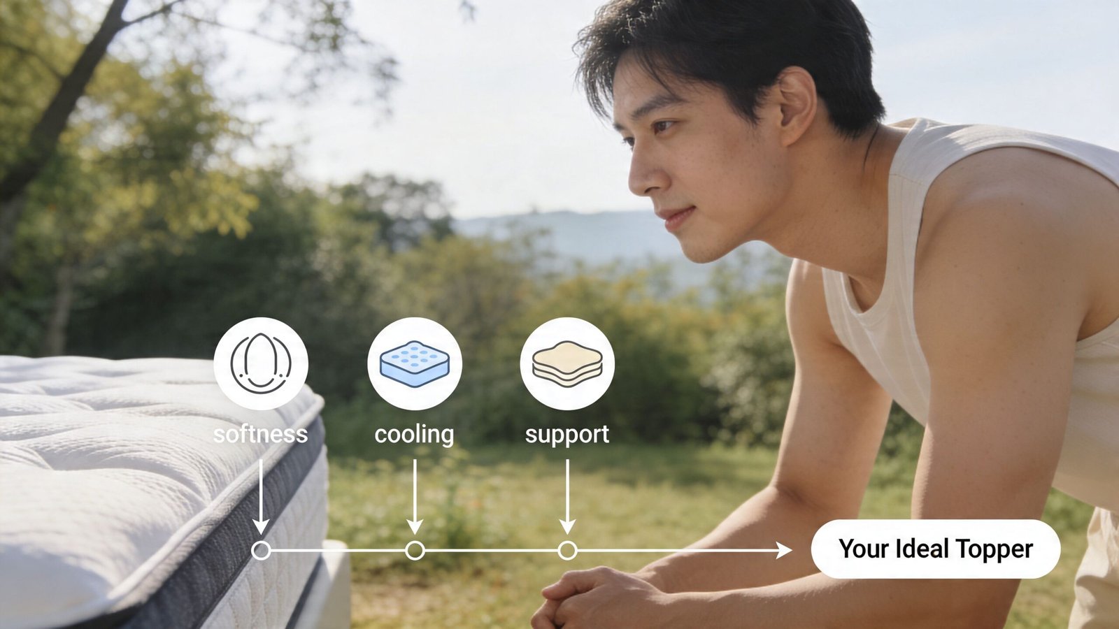 A young man looking at a mattress outdoors with graphics highlighting softness, cooling, and support features.