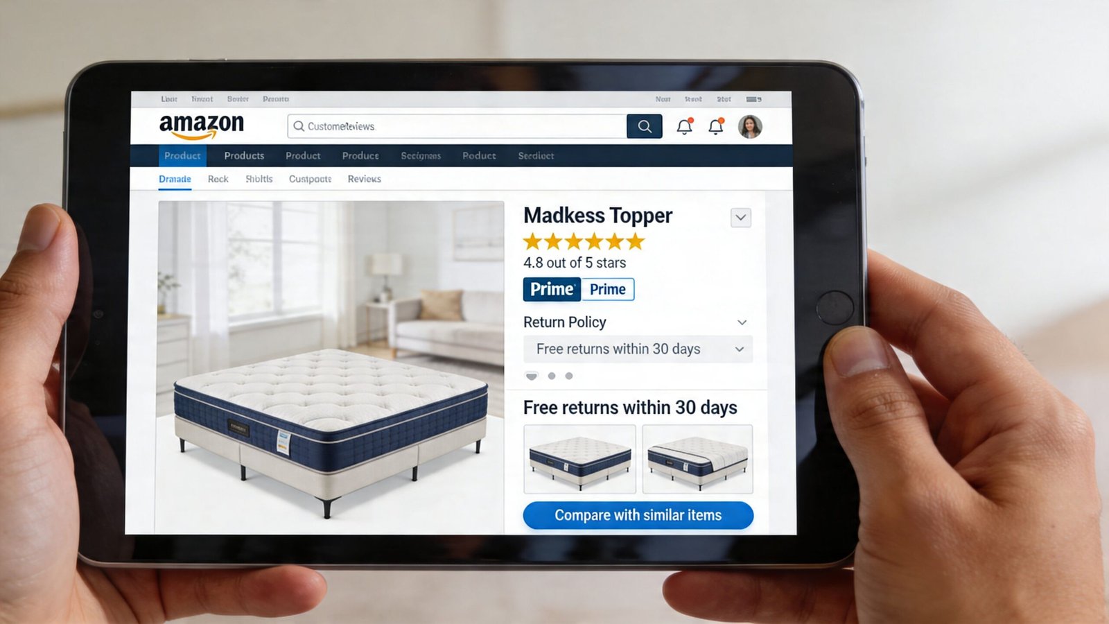 A person holding a tablet displaying a Madkess mattress topper product page on the Amazon website.