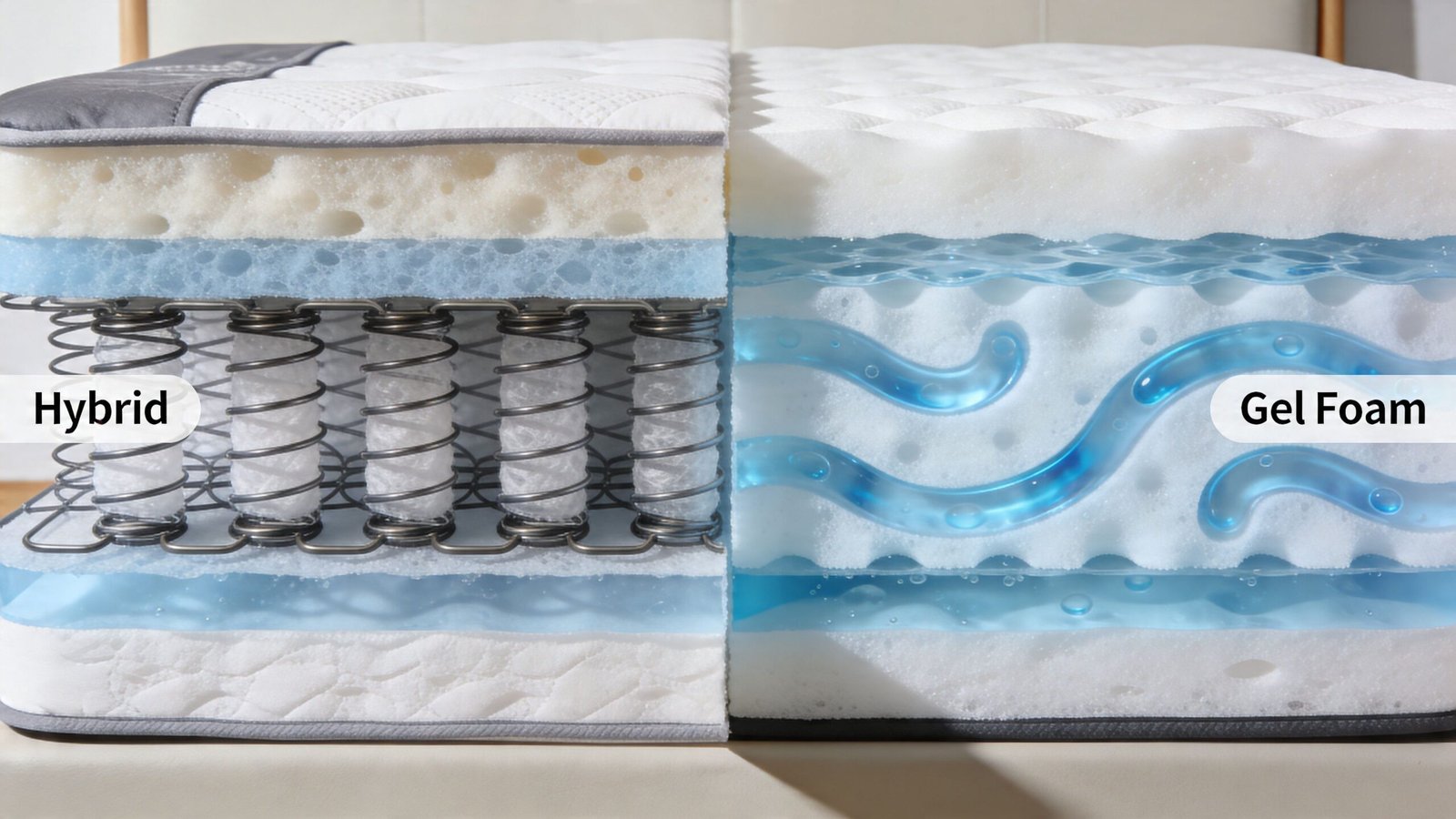 A split cross-section view comparing a hybrid spring mattress with a gel-infused foam cooling mattress.