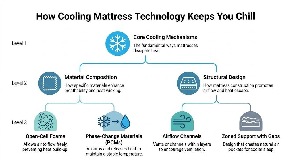 An infographic showing how cooling mattress technology works through material composition and structural design for heat dissipation.