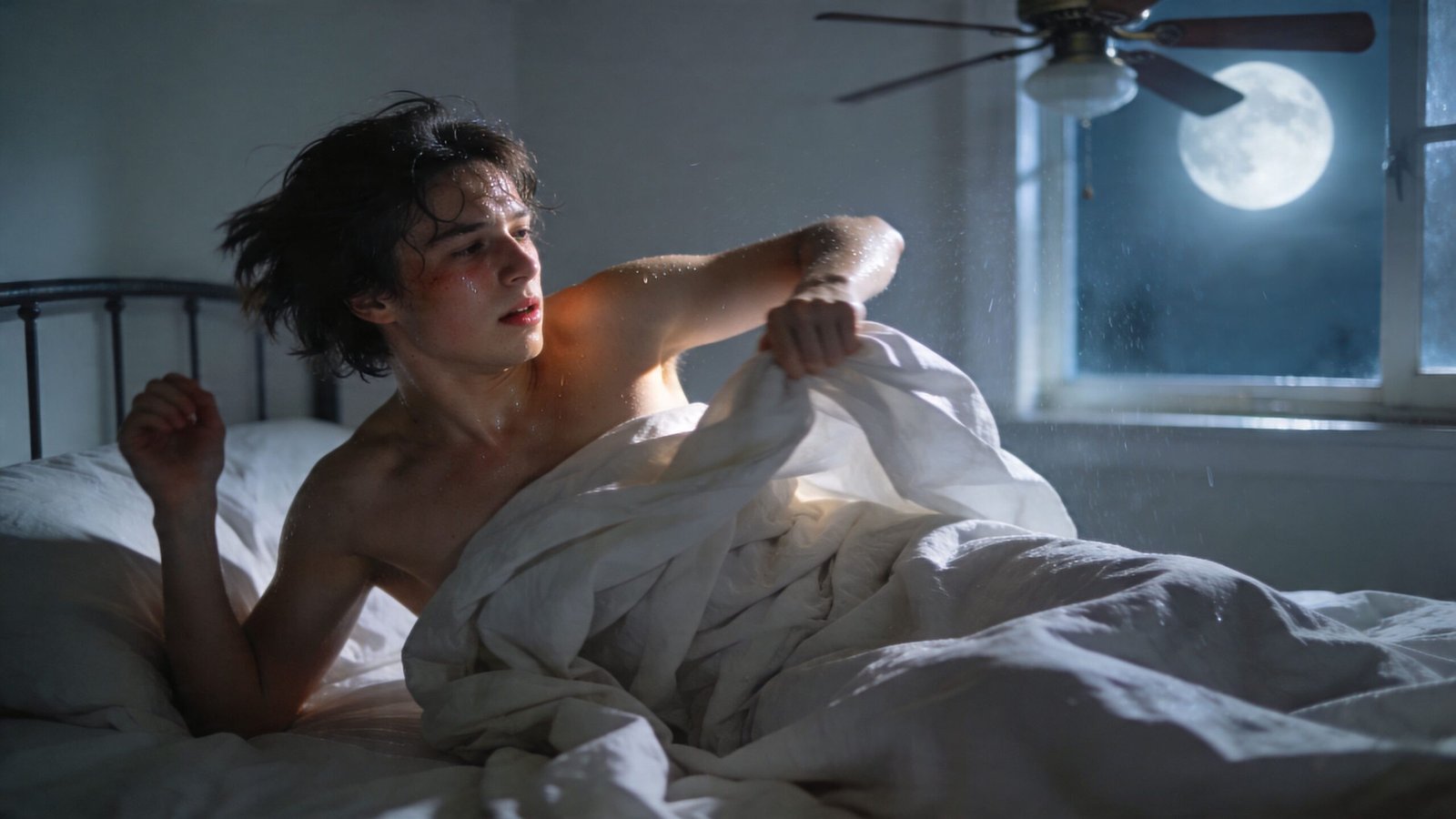 A sweaty young man wakes up in bed under a full moon, illustrating overheating at night.