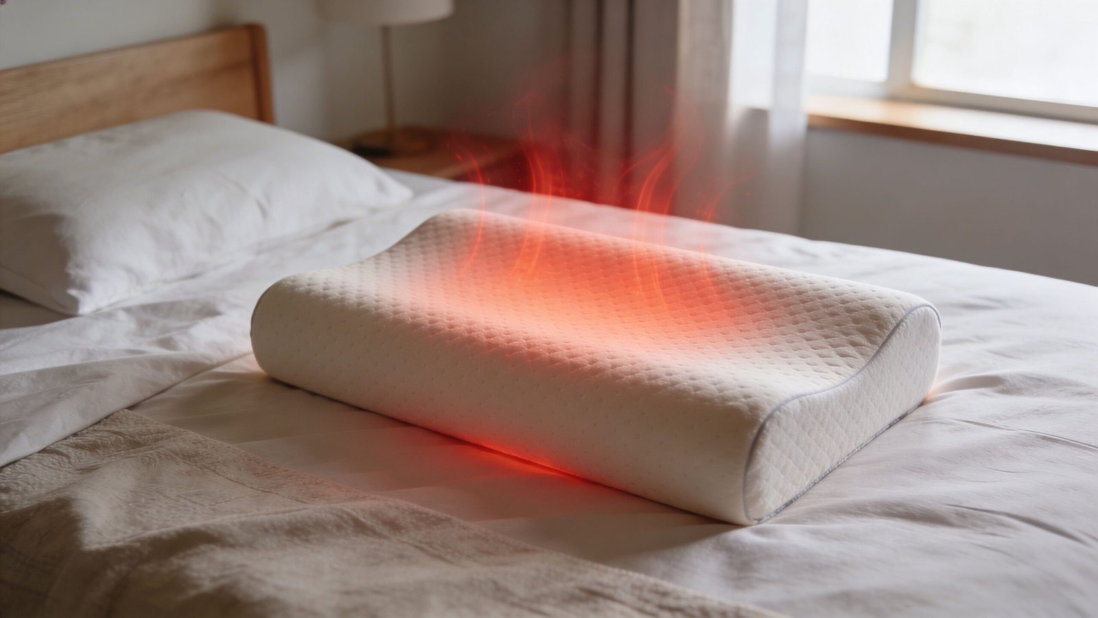 A cooling memory foam pillow on a white bed with glowing red heat effects emanating from it.