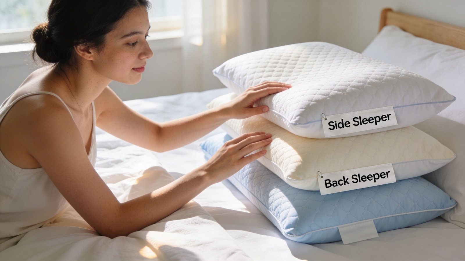 A woman choosing between different cooling pillows designed for side and back sleepers on a bed.