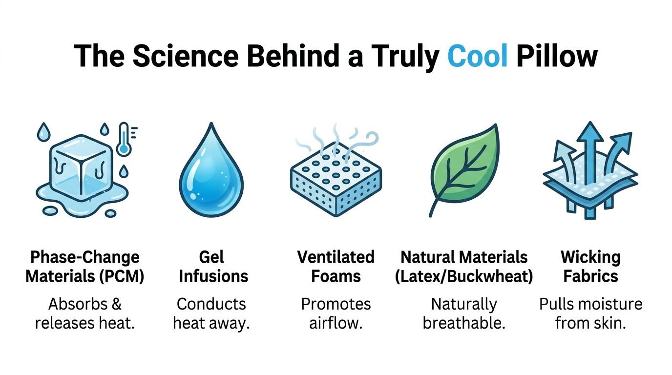 An infographic explaining the cooling technologies used in pillows, including PCM, gel, ventilated foam, and wicking fabrics.