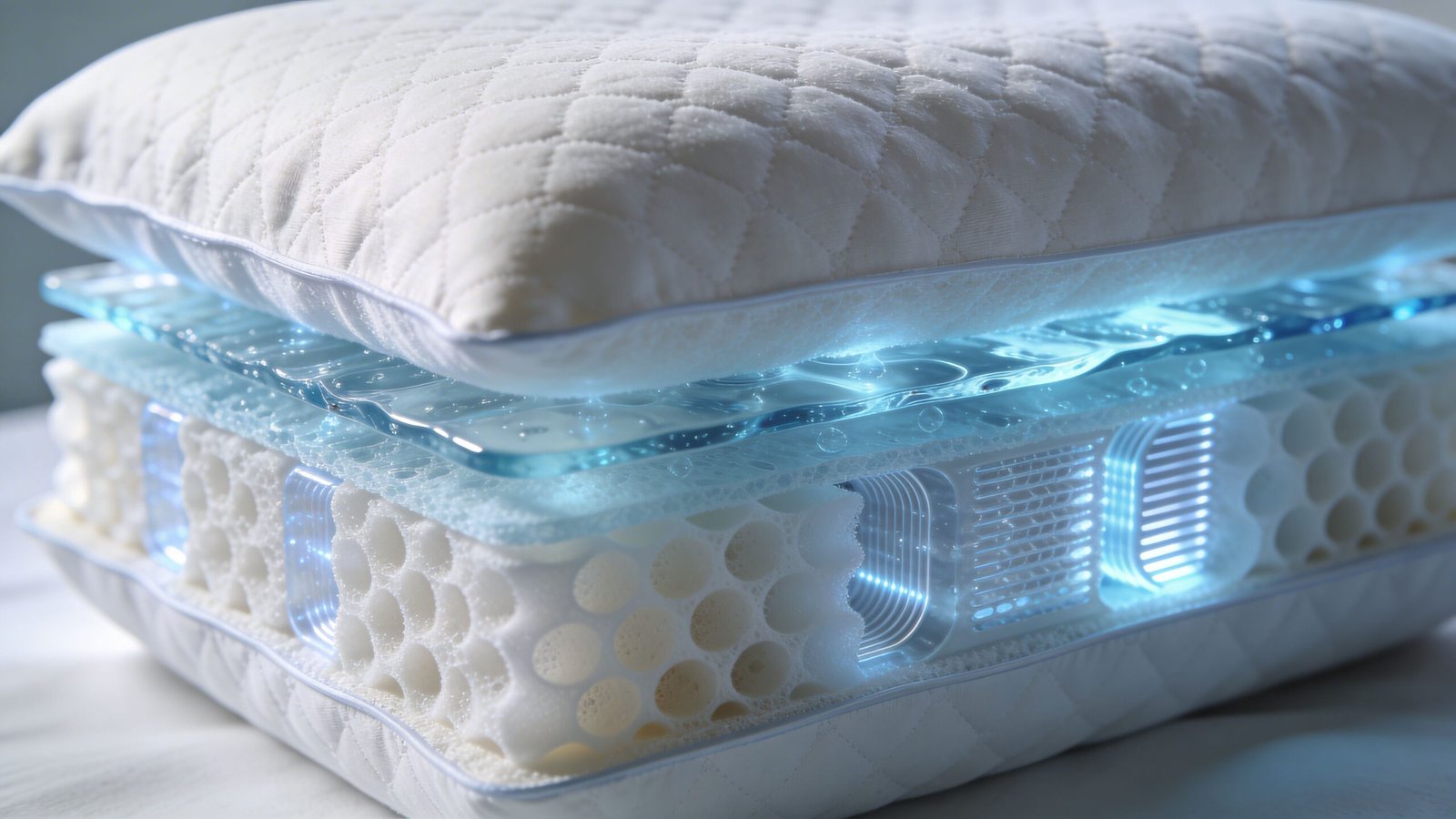 A cross-section view of a high-tech cooling pillow showing multiple layers of foam and gel inserts.