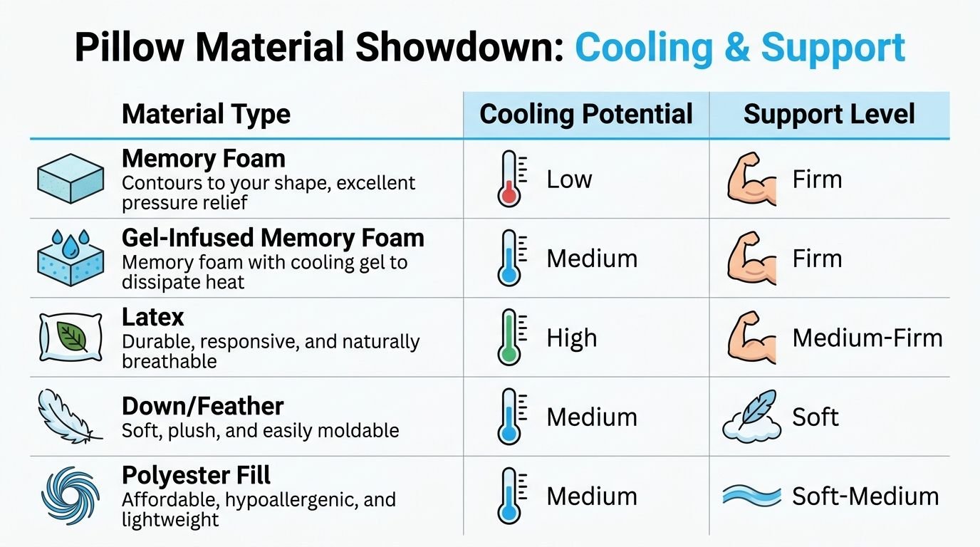 A comparison chart showing cooling potential and support levels for various pillow materials like foam and latex.