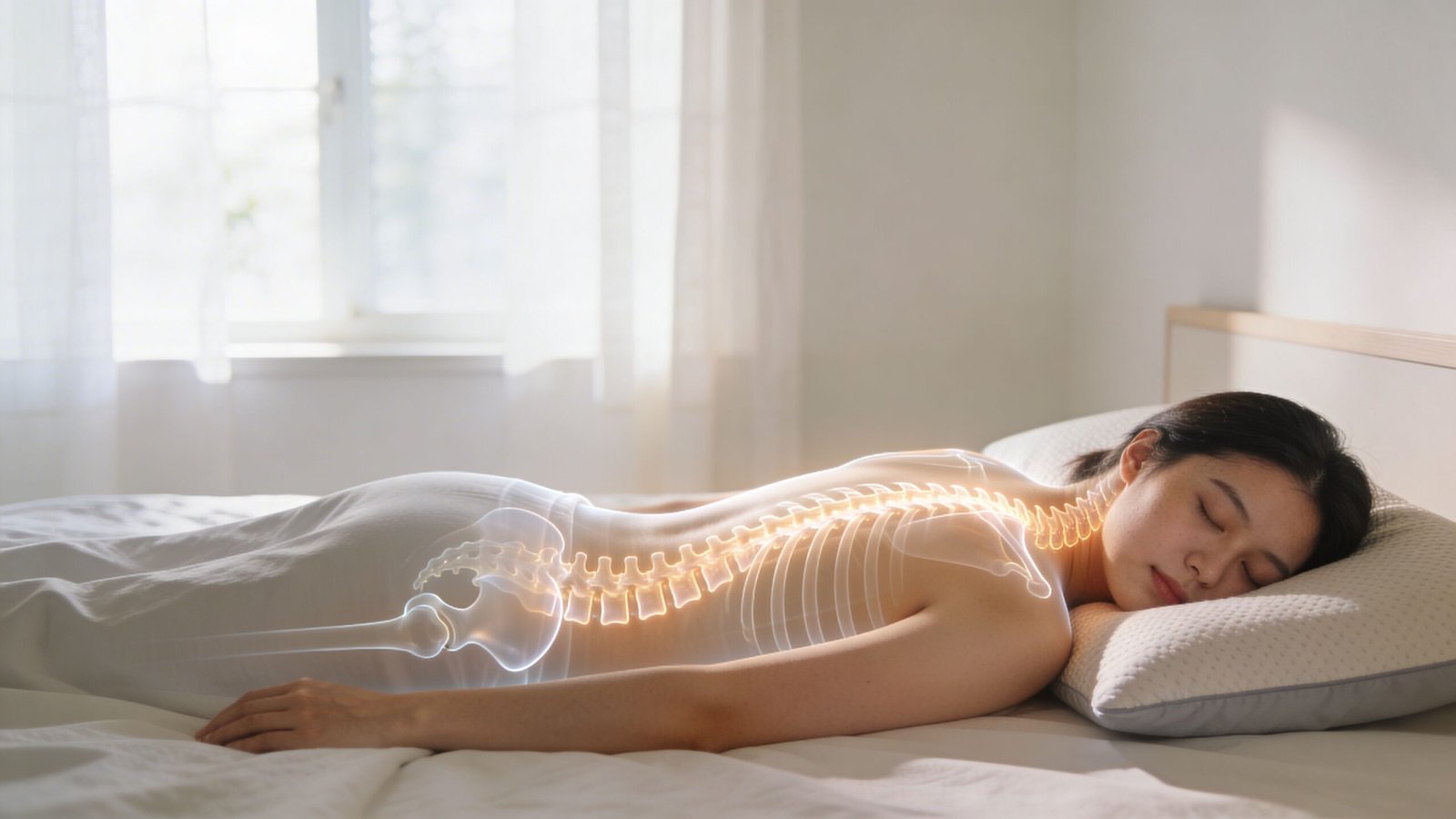 A young woman sleeping comfortably on her side while a glowing graphic highlights her spinal alignment.