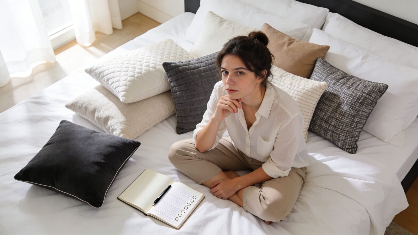 A woman sits on a bed covered with multiple decorative pillows while holding a notebook and pen.