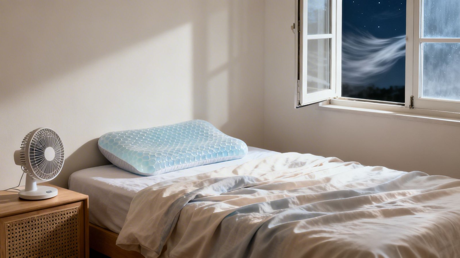 A night scene bedroom with a bed, cooling gel pillow, fan, and open window showing a starry sky.
