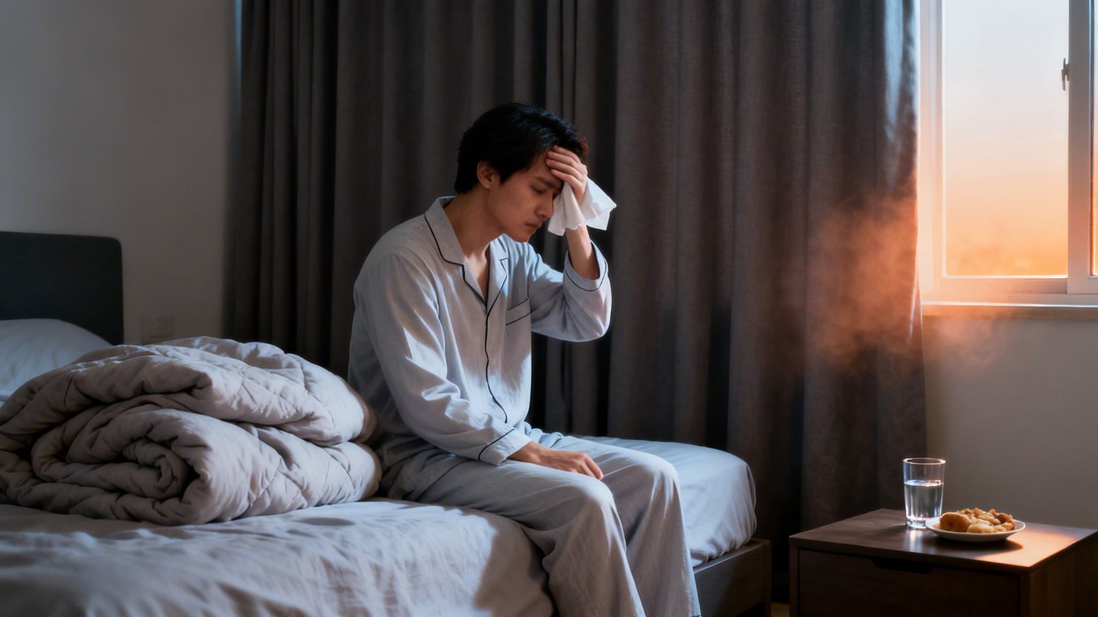 A man with a fever sits on his bed, wiping his forehead with a tissue, looking unwell.