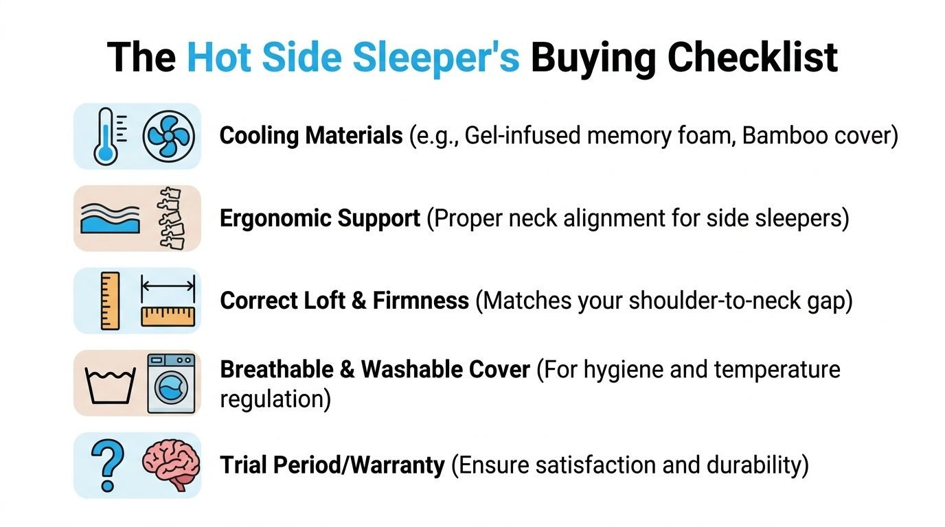 A checklist for hot side sleepers detailing essential features like cooling materials, ergonomic support, and washable covers.