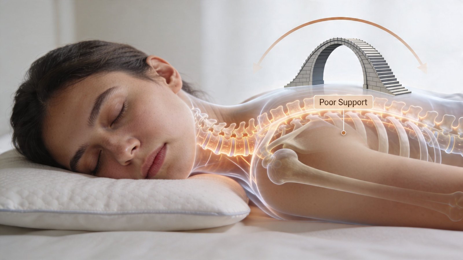 A woman sleeping on a pillow with a translucent overlay showing spinal misalignment labeled as poor support.
