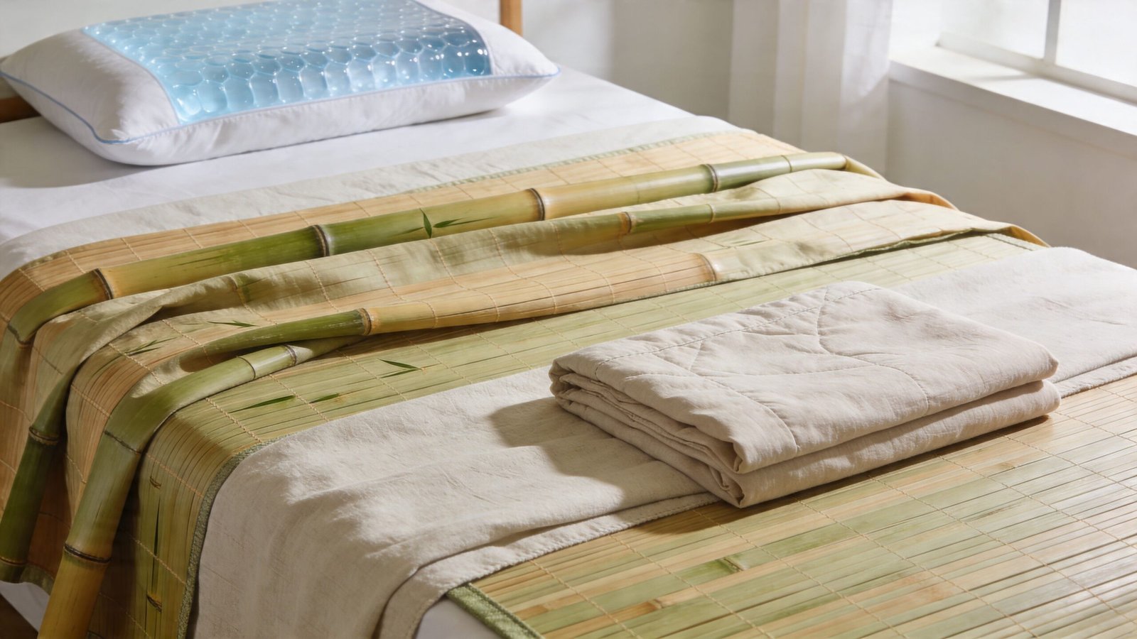 A comfortable bed featuring a gel cooling pillow, bamboo matting, and a neatly folded soft blanket.