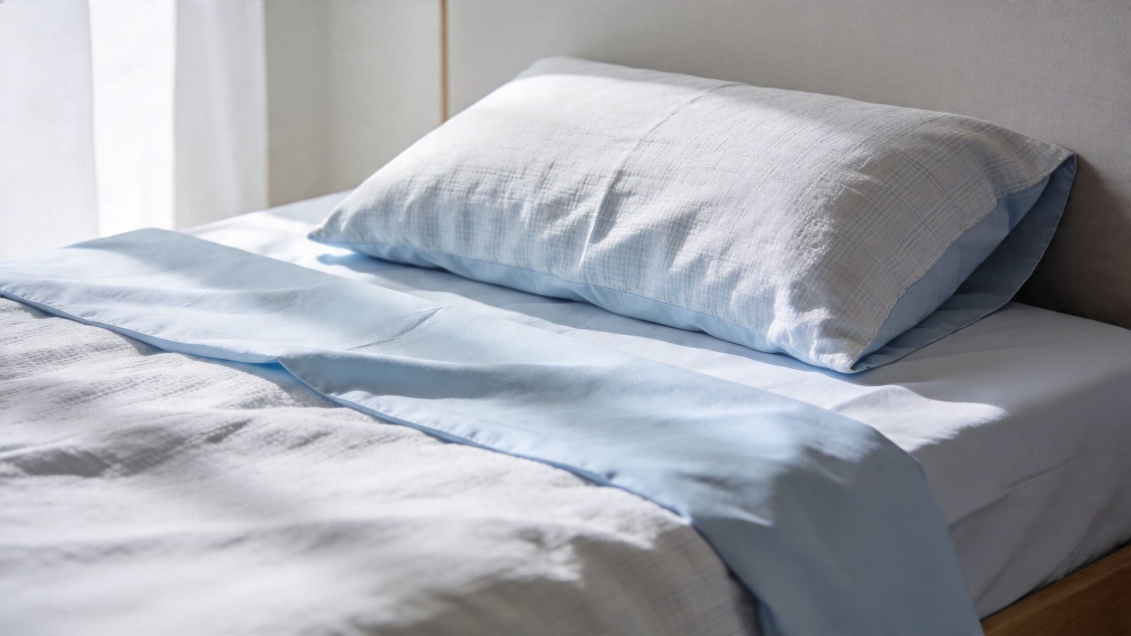 A close up shot of soft blue and white cooling bedding on a comfortable bed.