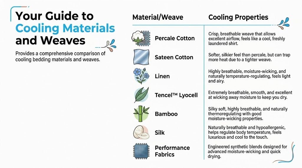 A comprehensive comparison chart of various cooling bedding materials and weaves for better sleep comfort.