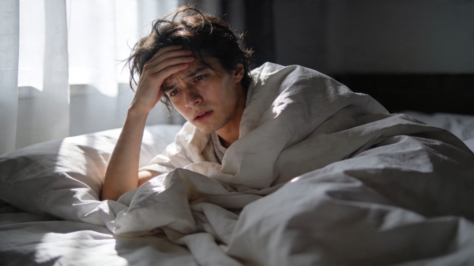 A young man waking up feeling overheated and sweaty while lying in bed under a white sheet.