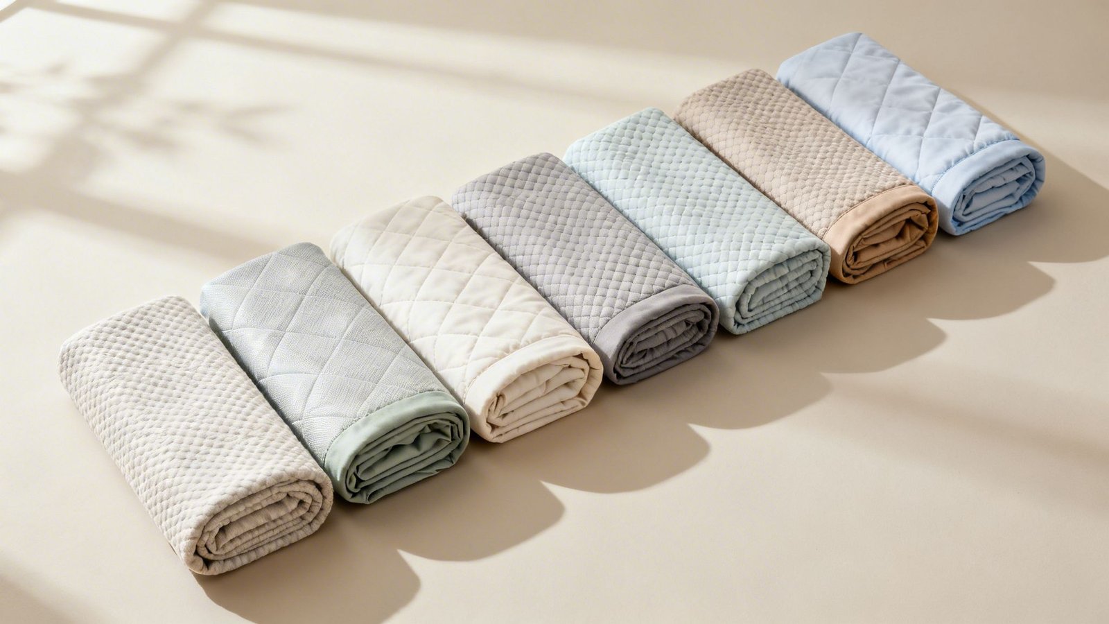 A row of colorful, rolled-up quilted blankets in pastel shades on a neutral background with shadows.