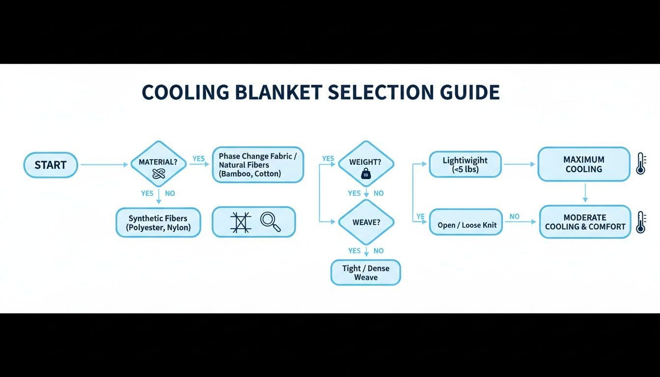 Flowchart for selecting a cooling blanket based on material, weight, and weave, leading to maximum or moderate cooling.