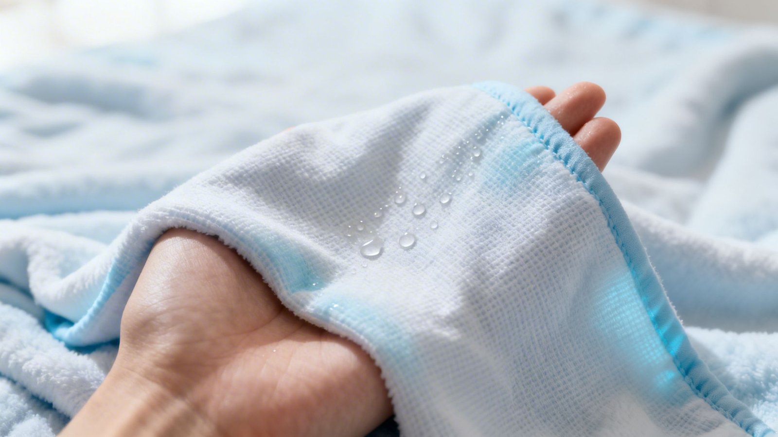 A hand holds a light blue and white fabric, showing water droplets beading on its surface.