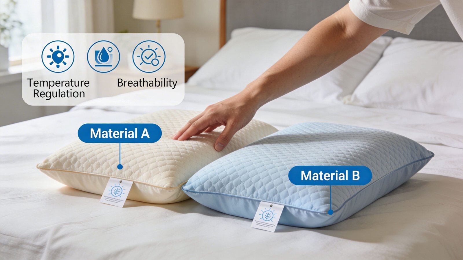 A hand touching a white pillow and a blue pillow on a bed, showcasing cooling fabric features.