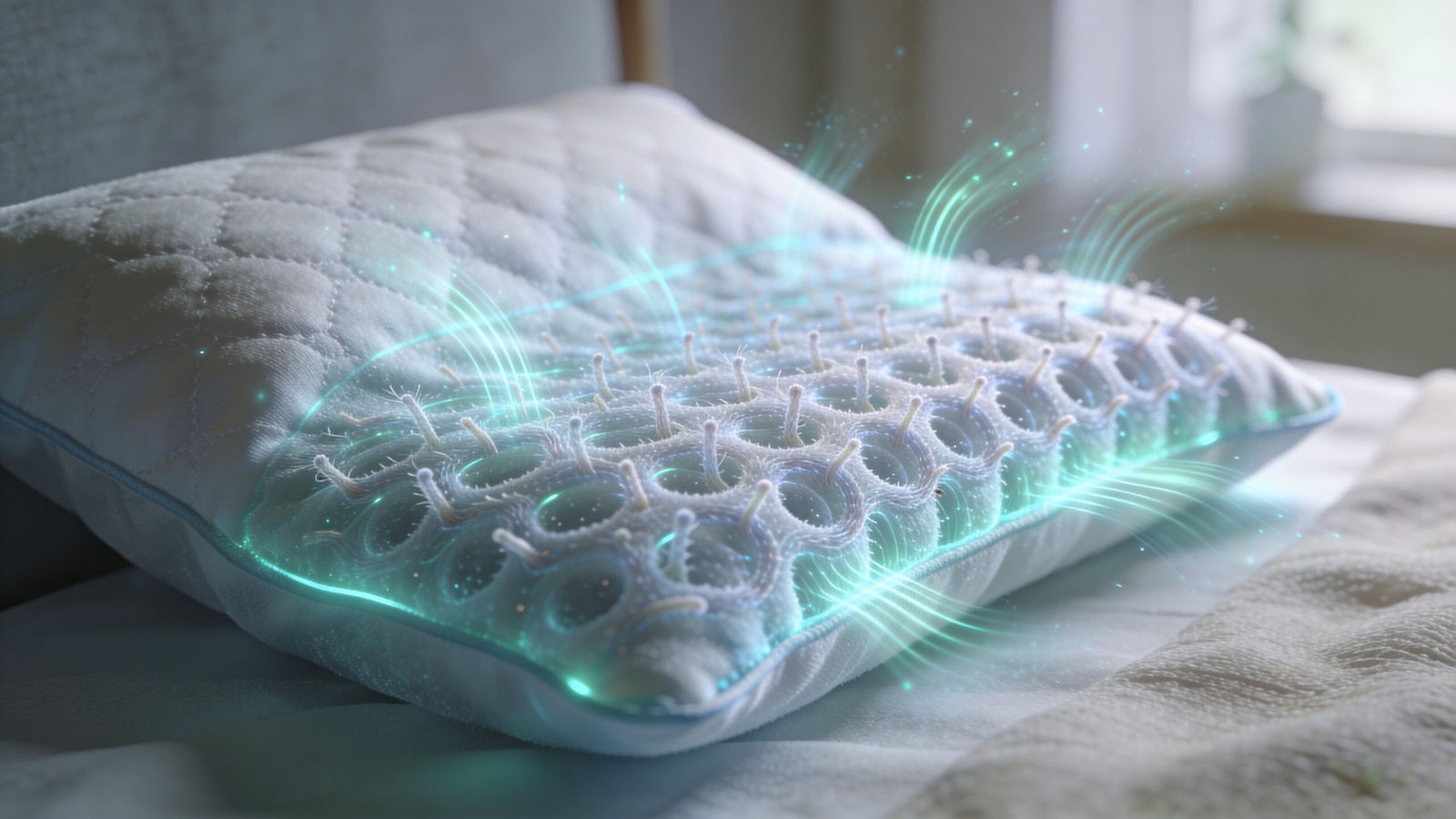 A close-up view of a specialized cooling pillow case showcasing internal mesh structures with glowing digital airflow effects.